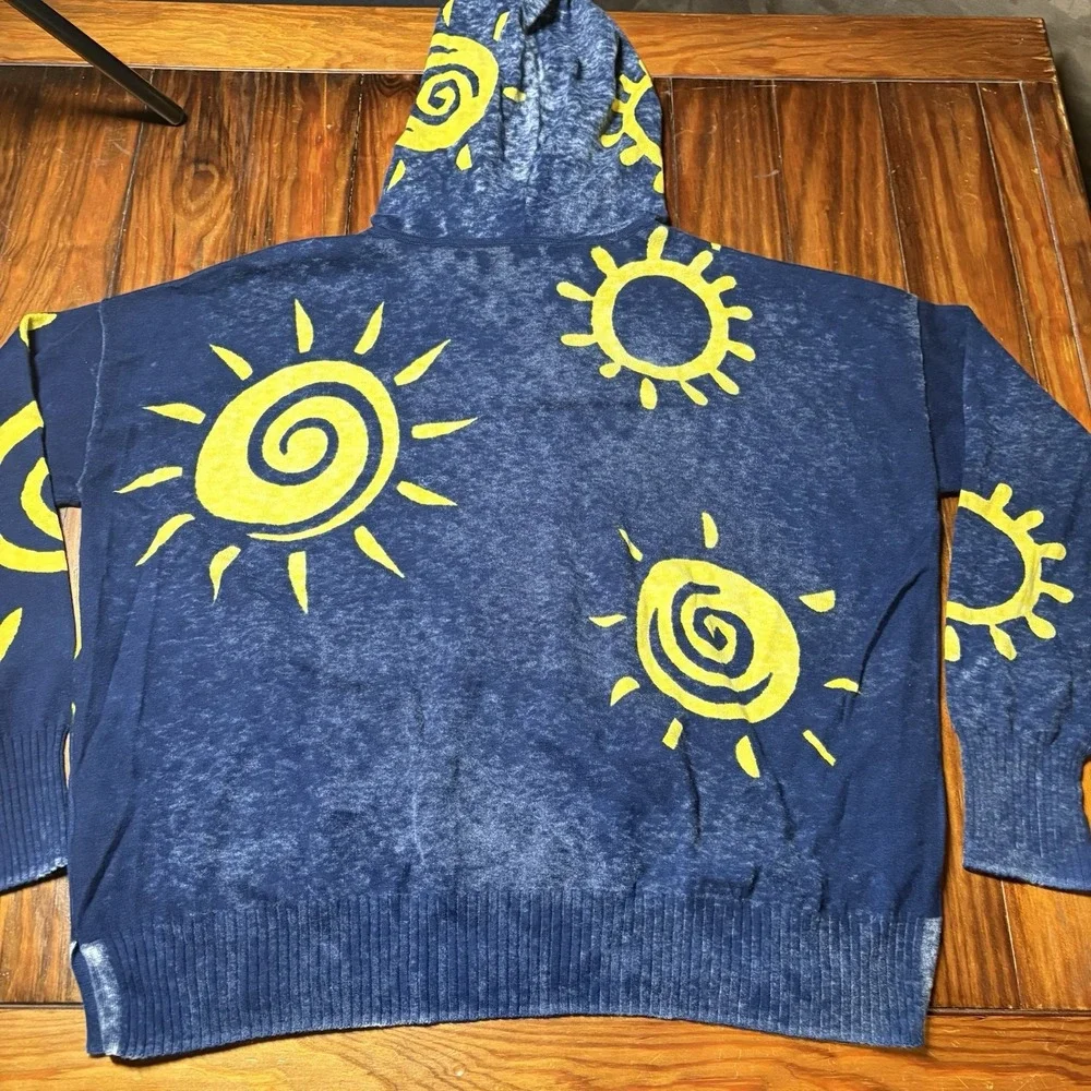 Minnie Rose Celestial Sun Blue Yellow Burnout Hoodie Cashmere Blend M Baja Boho
